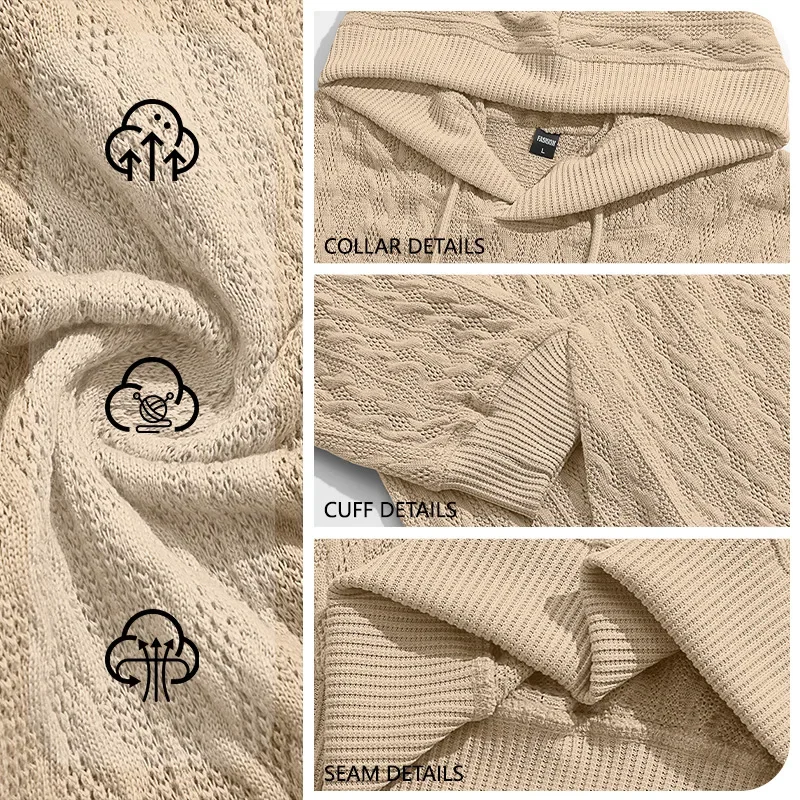 Men'S Knitted Hooded Sweatshirt With Sleeve Pocket Leather Label Drawstring Sports Pullover Casual Daily Wear