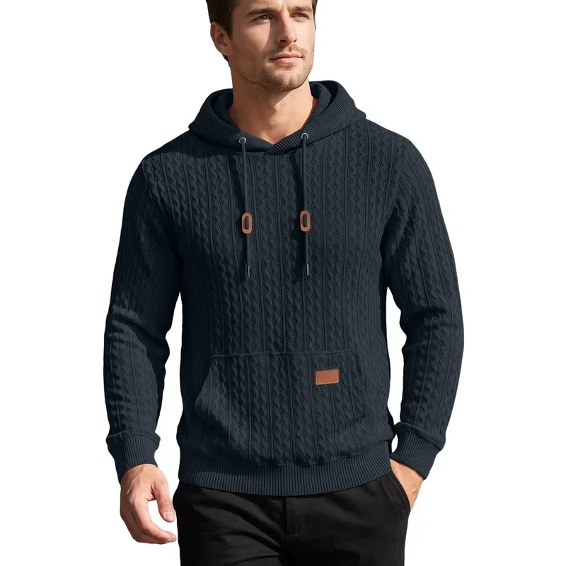 Men'S Knitted Hooded Sweatshirt With Sleeve Pocket Leather Label Drawstring Sports Pullover Casual Daily Wear