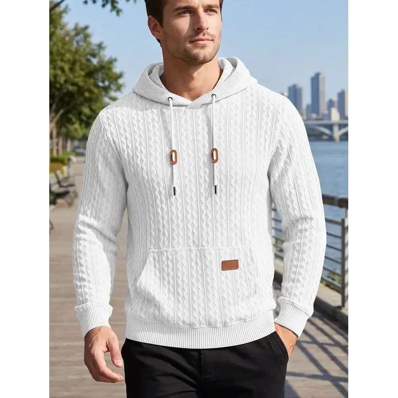 Men'S Knitted Hooded Sweatshirt With Sleeve Pocket Leather Label Drawstring Sports Pullover Casual Daily Wear