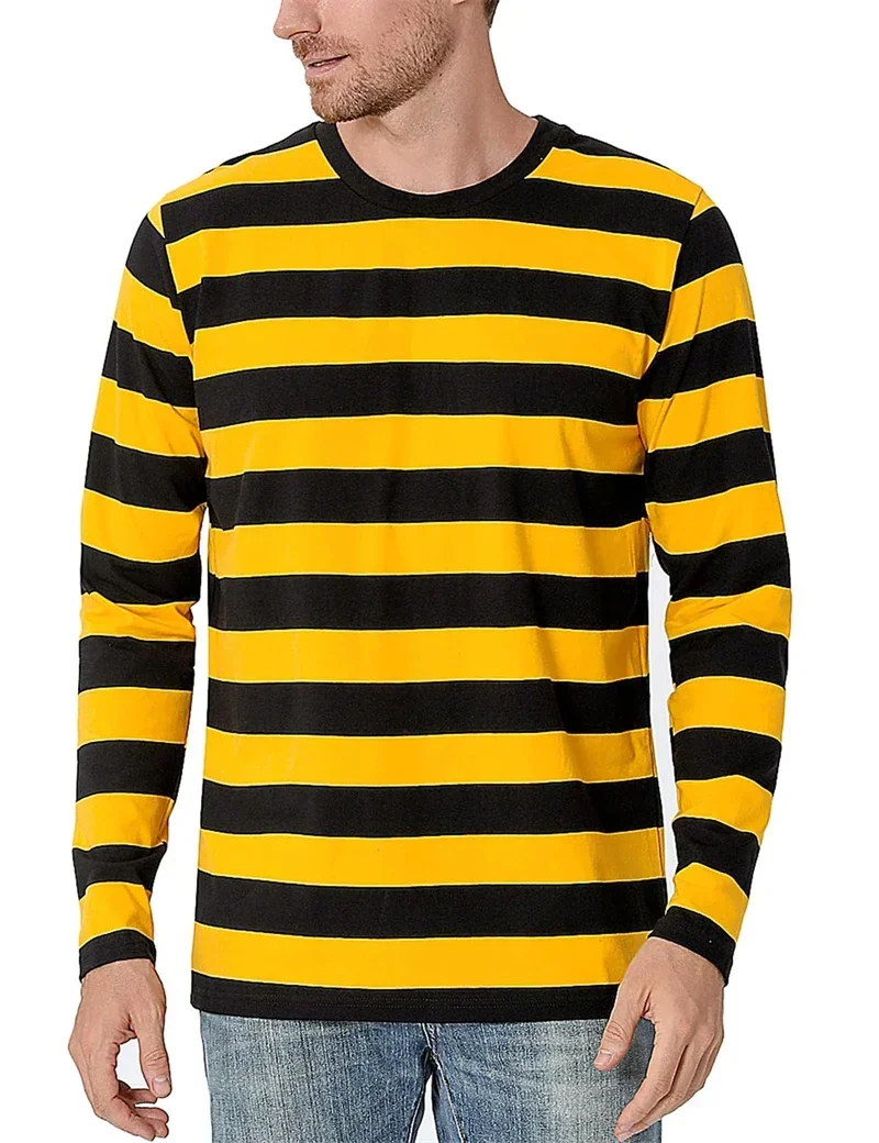 Contrast Stripe 3D Print Men Long Sleeve T-shirt Casual Fashion O-Neck Oversized T Shirts Fashion Tops polyester Men Clothing