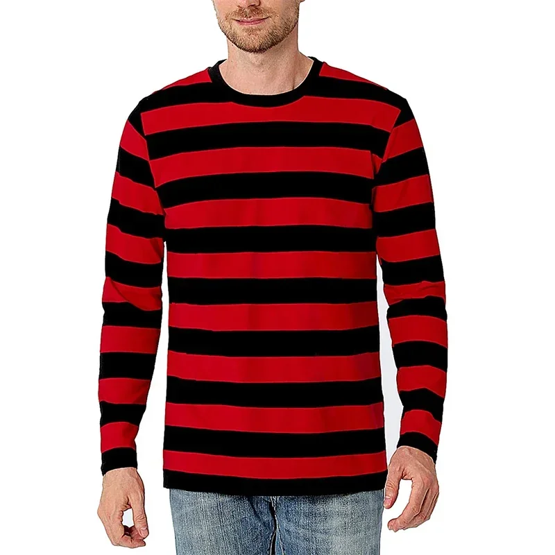 Contrast Stripe 3D Print Men Long Sleeve T-shirt Casual Fashion O-Neck Oversized T Shirts Fashion Tops polyester Men Clothing