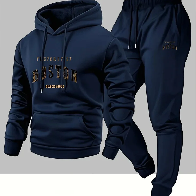 2026Mens soft comfortable Boston print hooded sweatshirt sweatpants set eco-friendly thin velvet warm autumn winter hoodies