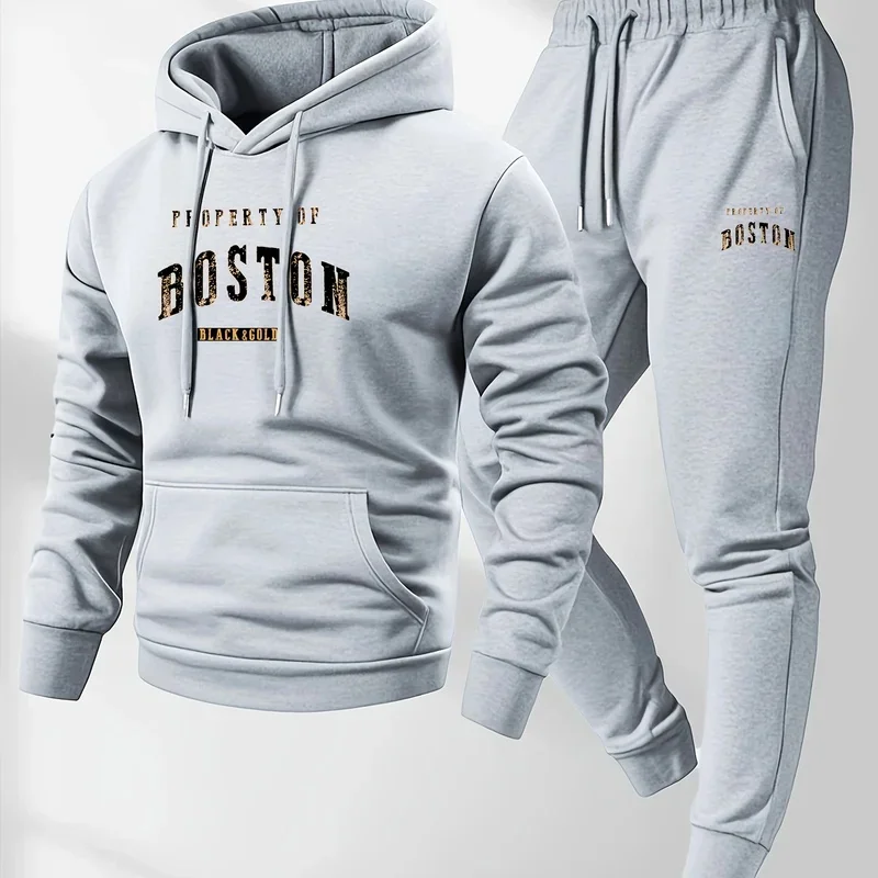 2026Mens soft comfortable Boston print hooded sweatshirt sweatpants set eco-friendly thin velvet warm autumn winter hoodies