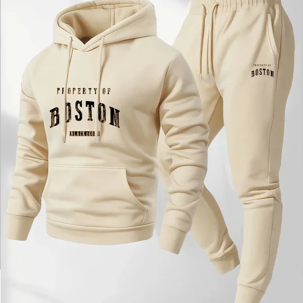 2026Mens soft comfortable Boston print hooded sweatshirt sweatpants set eco-friendly thin velvet warm autumn winter hoodies