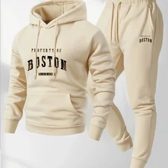 2026Mens soft comfortable Boston print hooded sweatshirt sweatpants set eco-friendly thin velvet warm autumn winter hoodies