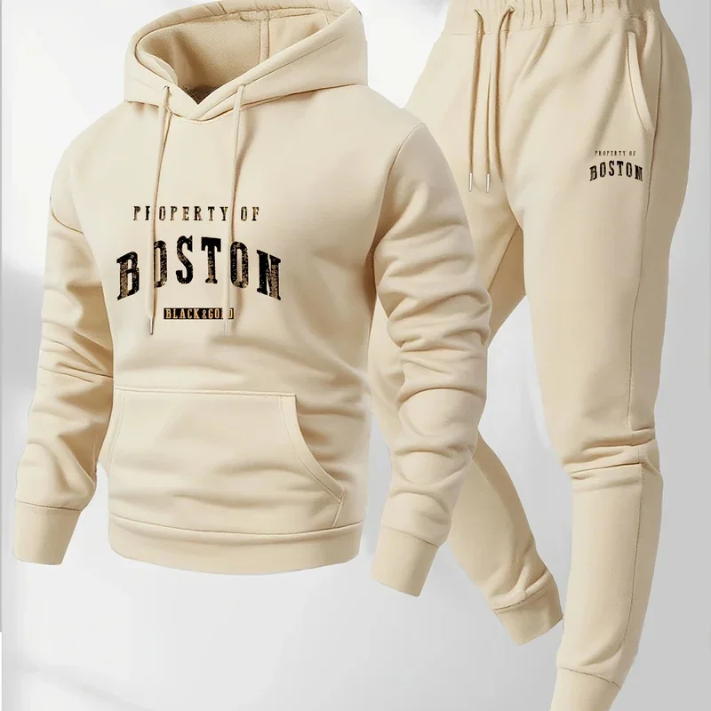 2026Mens soft comfortable Boston print hooded sweatshirt sweatpants set eco-friendly thin velvet warm autumn winter hoodies