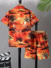 Hawaiian Tropical Seaside Scenery Men Co‑ord Set Turn‑down Collar Button Shirt Elastic Waist Short Pant Beach Suit