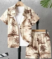 Hawaiian Tropical Seaside Scenery Men Co‑ord Set Turn‑down Collar Button Shirt Elastic Waist Short Pant Beach Suit