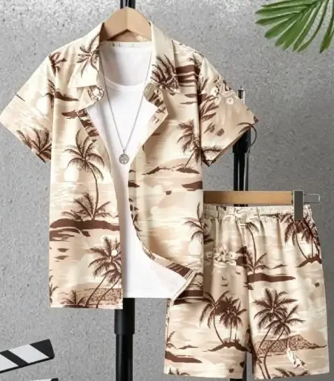 Hawaiian Tropical Seaside Scenery Men Co‑ord Set Turn‑down Collar Button Shirt Elastic Waist Short Pant Beach Suit