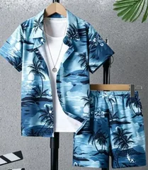 Hawaiian Tropical Seaside Scenery Men Co‑ord Set Turn‑down Collar Button Shirt Elastic Waist Short Pant Beach Suit