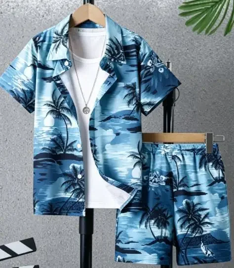 Hawaiian Tropical Seaside Scenery Men Co‑ord Set Turn‑down Collar Button Shirt Elastic Waist Short Pant Beach Suit
