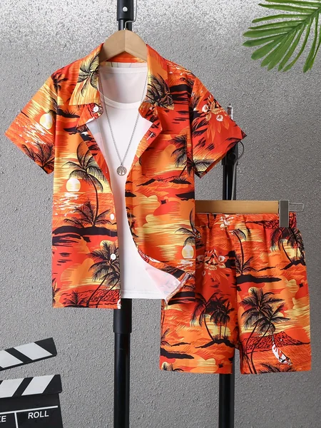 Hawaiian Tropical Seaside Scenery Men Co‑ord Set Turn‑down Collar Button Shirt Elastic Waist Short Pant Beach Suit