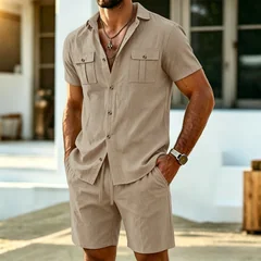 New Summer Men's Linen Outdoor Casual 2-Piece Set - Business Casual Short-Sleeved Shirt + Shorts Beach Sports Breathable Street