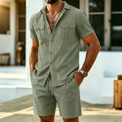 New Summer Men's Linen Outdoor Casual 2-Piece Set - Business Casual Short-Sleeved Shirt + Shorts Beach Sports Breathable Street