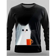 Men Mysterious Black Cat 3D Print Long Sleeve T-shirt Polyester Fiber Gothic Animal Art Graphic Casual Tops