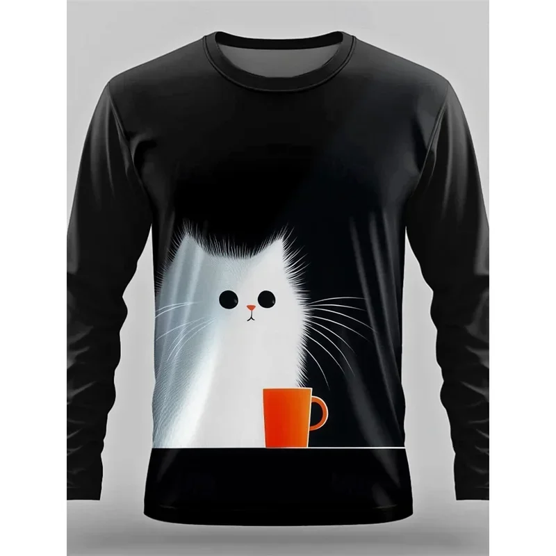 Men Mysterious Black Cat 3D Print Long Sleeve T-shirt Polyester Fiber Gothic Animal Art Graphic Casual Tops