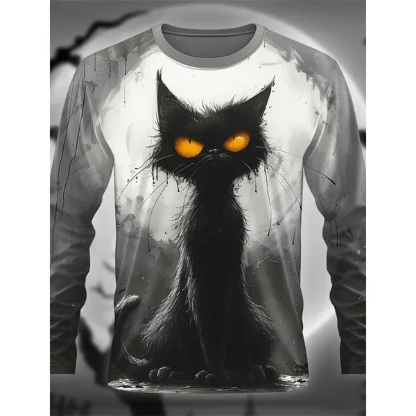 Men Mysterious Black Cat 3D Print Long Sleeve T-shirt Polyester Fiber Gothic Animal Art Graphic Casual Tops