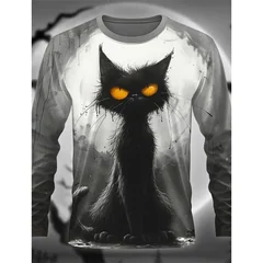 Men Mysterious Black Cat 3D Print Long Sleeve T-shirt Polyester Fiber Gothic Animal Art Graphic Casual Tops
