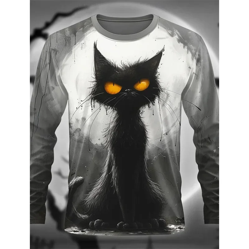 Men Mysterious Black Cat 3D Print Long Sleeve T-shirt Polyester Fiber Gothic Animal Art Graphic Casual Tops