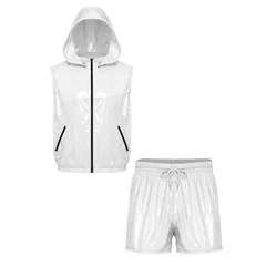 Men Waterproof Tracksuit Causal Sport Outfit Sleeveless Zipper Vest with Detachable Hood And Boxer Shorts for Fitness Workout