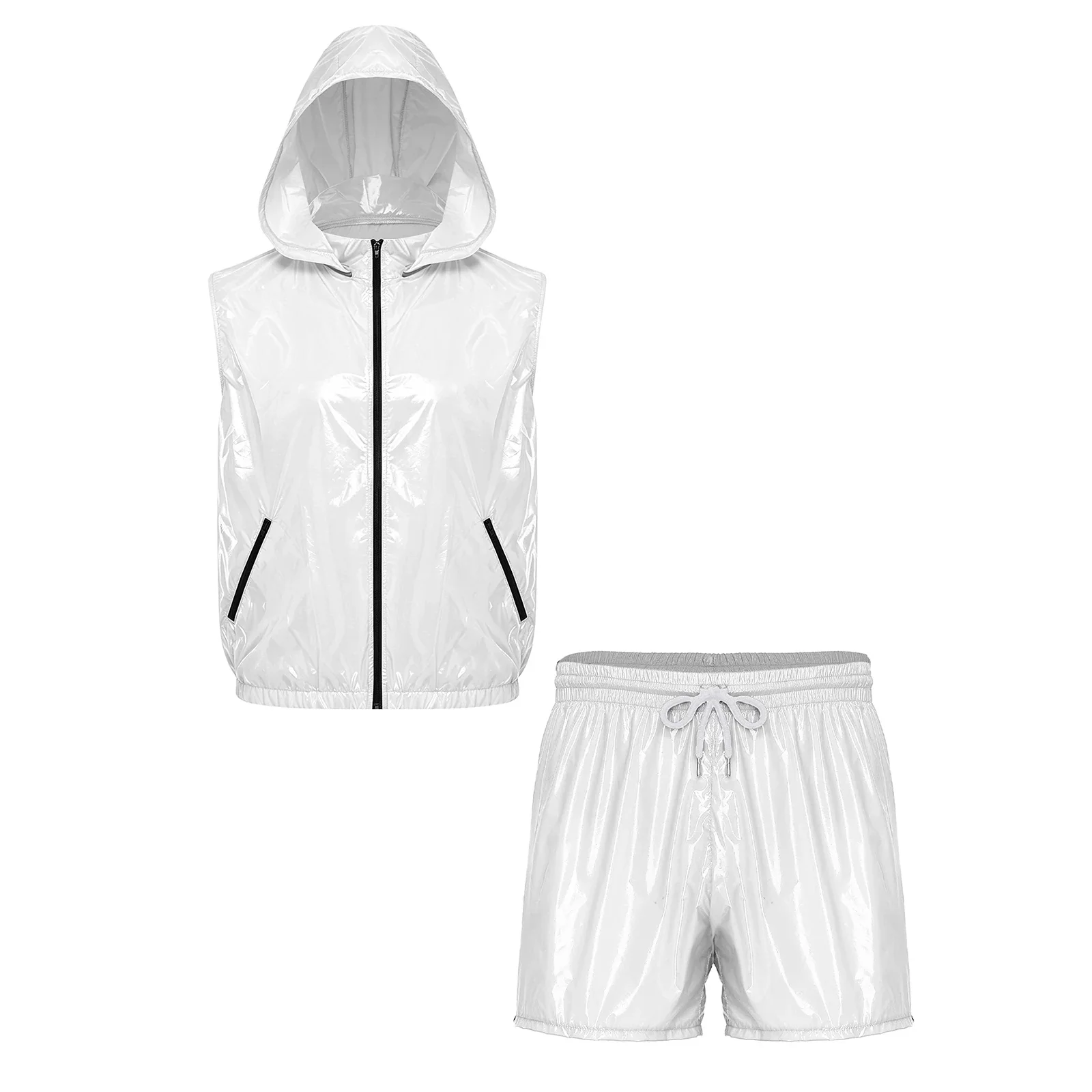 Men Waterproof Tracksuit Causal Sport Outfit Sleeveless Zipper Vest with Detachable Hood And Boxer Shorts for Fitness Workout