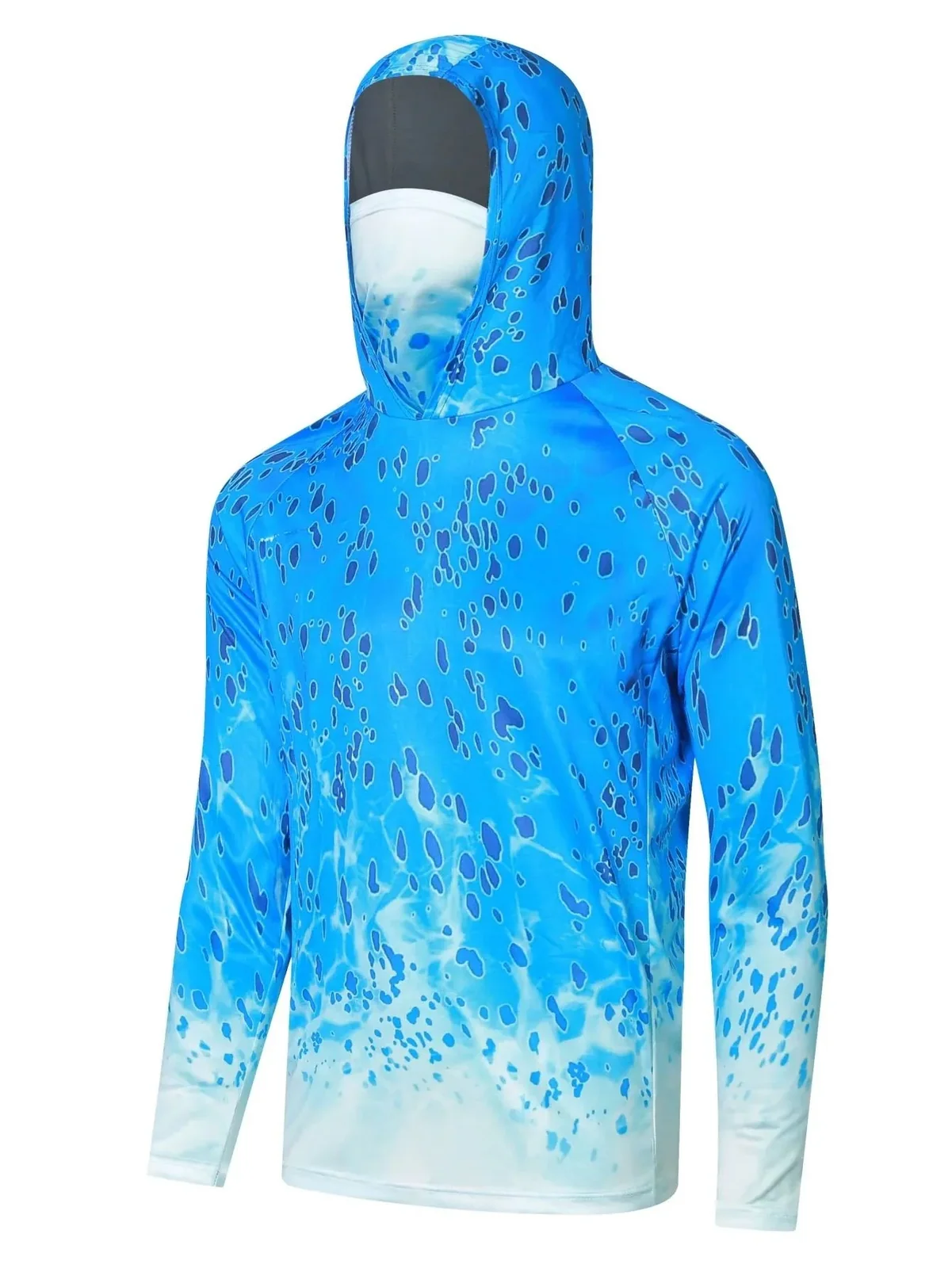 Men Hooded Fishing Shirt With Face Cover Ocean Scale Camo Print UPF50+ Sun Protection QuickDry Multi‑Pattern Outdoor Sports TopS