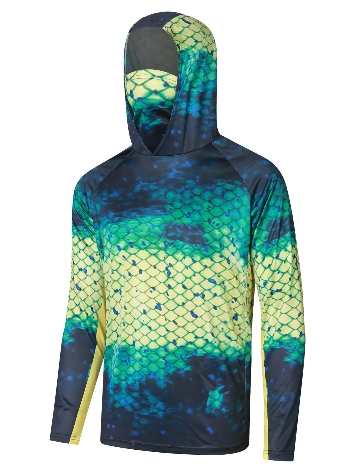 Men Hooded Fishing Shirt With Face Cover Ocean Scale Camo Print UPF50+ Sun Protection QuickDry Multi‑Pattern Outdoor Sports TopS