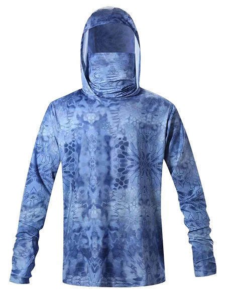 Men Hooded Fishing Shirt With Face Cover Ocean Scale Camo Print UPF50+ Sun Protection QuickDry Multi‑Pattern Outdoor Sports TopS