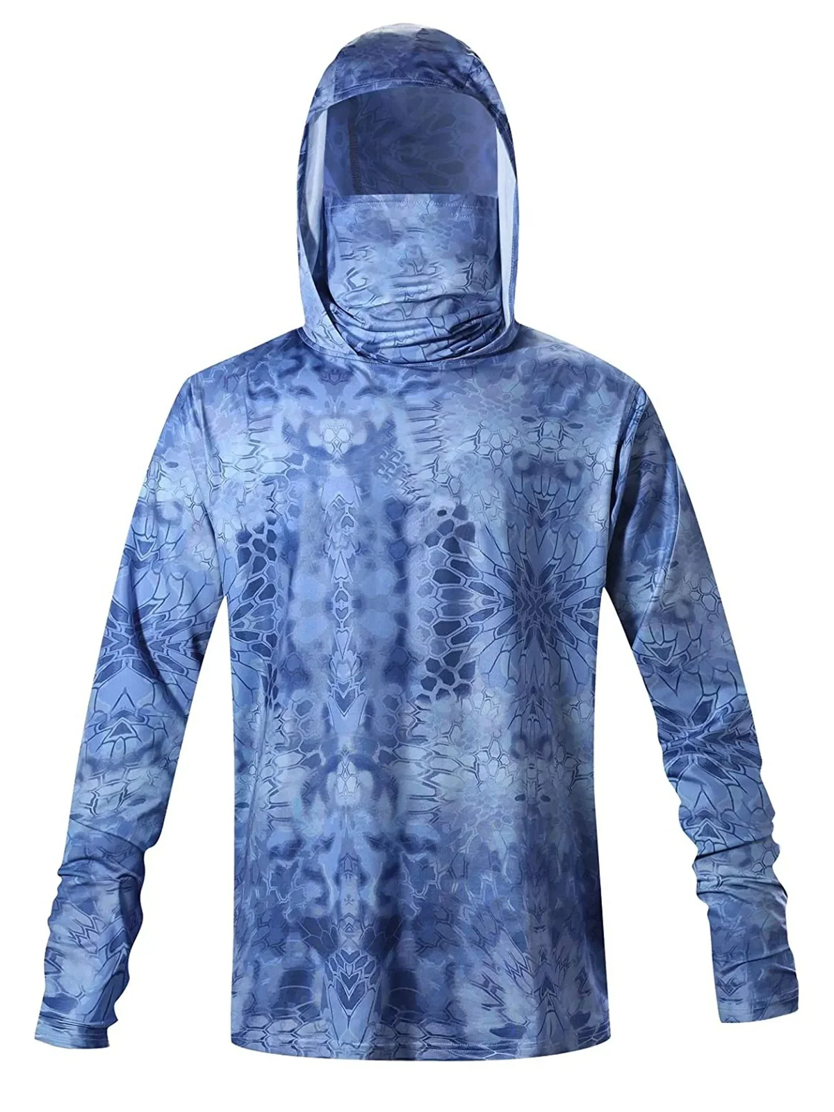 Men Hooded Fishing Shirt With Face Cover Ocean Scale Camo Print UPF50+ Sun Protection QuickDry Multi‑Pattern Outdoor Sports TopS