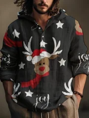 Men Xmas Cartoon Reindeer Star Graphic Hooded Henley Shirt Long Sleeve Half‑Button Loose Fit Christmas Party Daily Pullover Tops