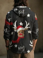 Men Xmas Cartoon Reindeer Star Graphic Hooded Henley Shirt Long Sleeve Half‑Button Loose Fit Christmas Party Daily Pullover Tops