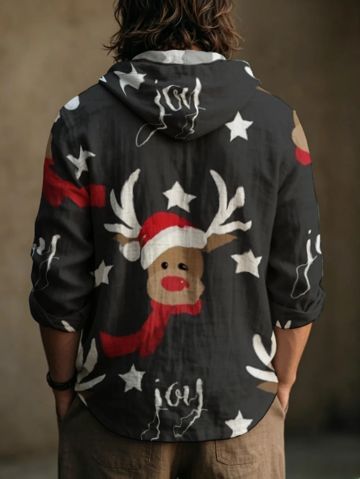 Men Xmas Cartoon Reindeer Star Graphic Hooded Henley Shirt Long Sleeve Half‑Button Loose Fit Christmas Party Daily Pullover Tops