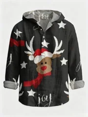 Men Xmas Cartoon Reindeer Star Graphic Hooded Henley Shirt Long Sleeve Half‑Button Loose Fit Christmas Party Daily Pullover Tops