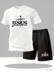 Men's breathable mesh T-shirt and shorts set with cross-print, summer casual sportswear, loose and elongated style