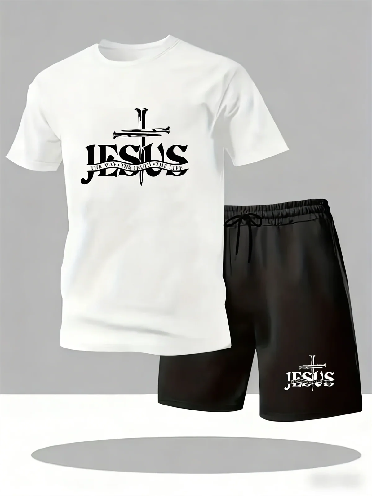 Men's breathable mesh T-shirt and shorts set with cross-print, summer casual sportswear, loose and elongated style