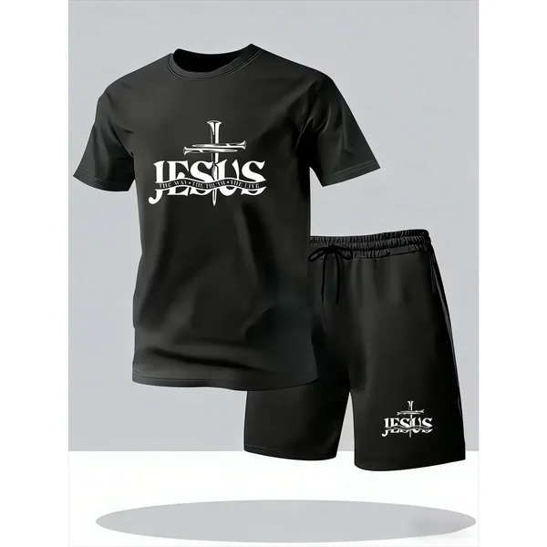 Men's breathable mesh T-shirt and shorts set with cross-print, summer casual sportswear, loose and elongated style
