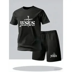 Men's breathable mesh T-shirt and shorts set with cross-print, summer casual sportswear, loose and elongated style
