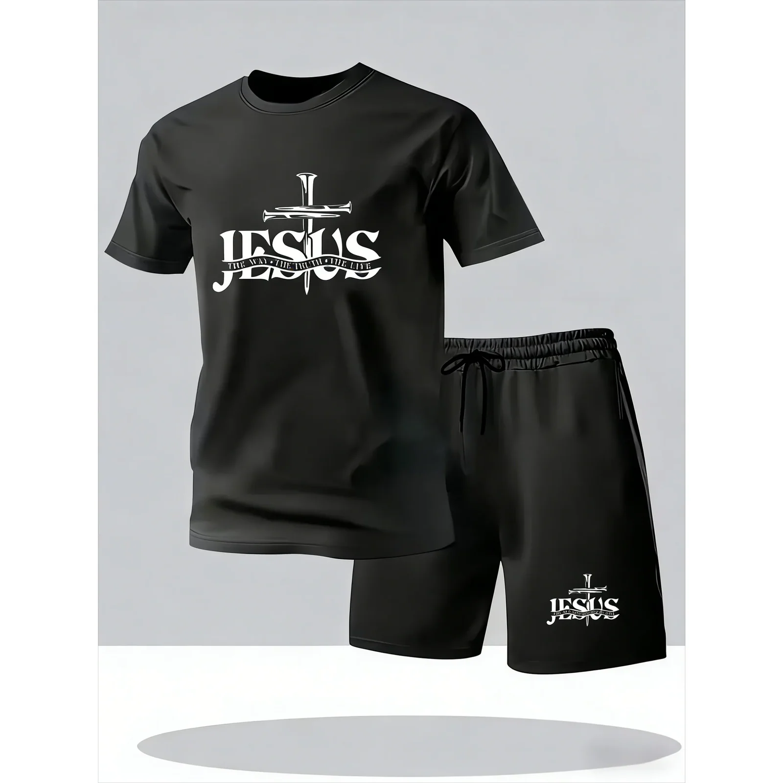 Men's breathable mesh T-shirt and shorts set with cross-print, summer casual sportswear, loose and elongated style