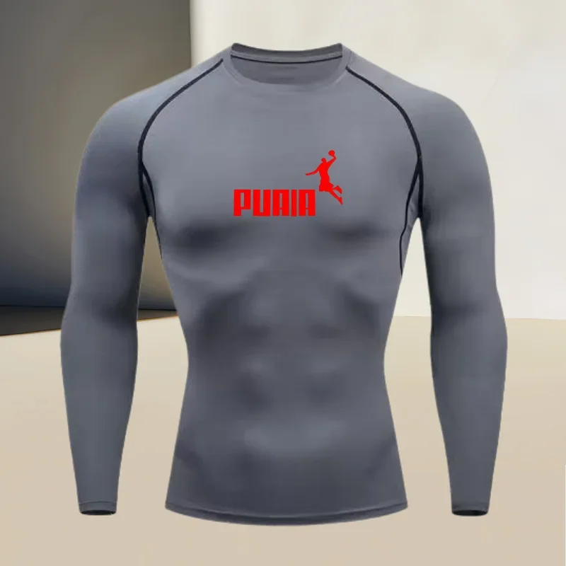 Men's long sleeved round neck thin sports tight fitting quick drying T-shirt, muscle shapewear, high stretch fabric