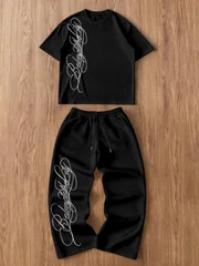 Spring/Summer Men's Short-Sleeve T-Shirt with Printed Crew Neck Paired with Versatile Solid Color Drawstring Loose-Fitting
