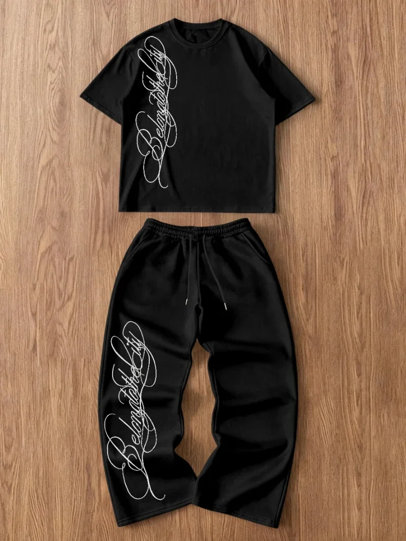 Spring/Summer Men's Short-Sleeve T-Shirt with Printed Crew Neck Paired with Versatile Solid Color Drawstring Loose-Fitting