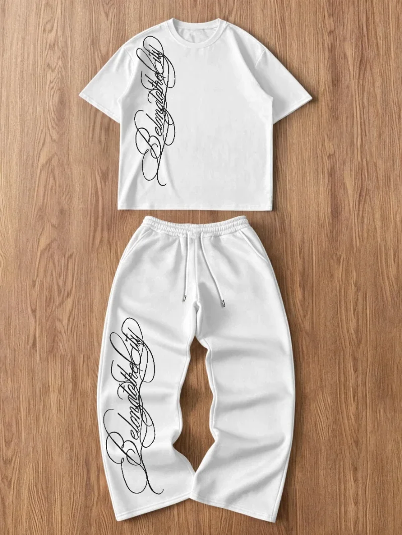 Spring/Summer Men's Short-Sleeve T-Shirt with Printed Crew Neck Paired with Versatile Solid Color Drawstring Loose-Fitting