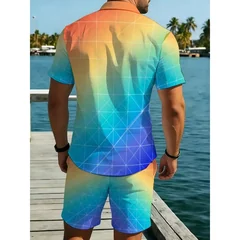 Men Summer Beach Outfit Color Gradient Short Sleeve Shirt and Shorts Set Lightweight Comfortable Casual Vacation Matching Suit