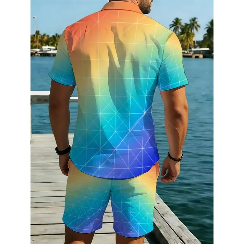 Men Summer Beach Outfit Color Gradient Short Sleeve Shirt and Shorts Set Lightweight Comfortable Casual Vacation Matching Suit
