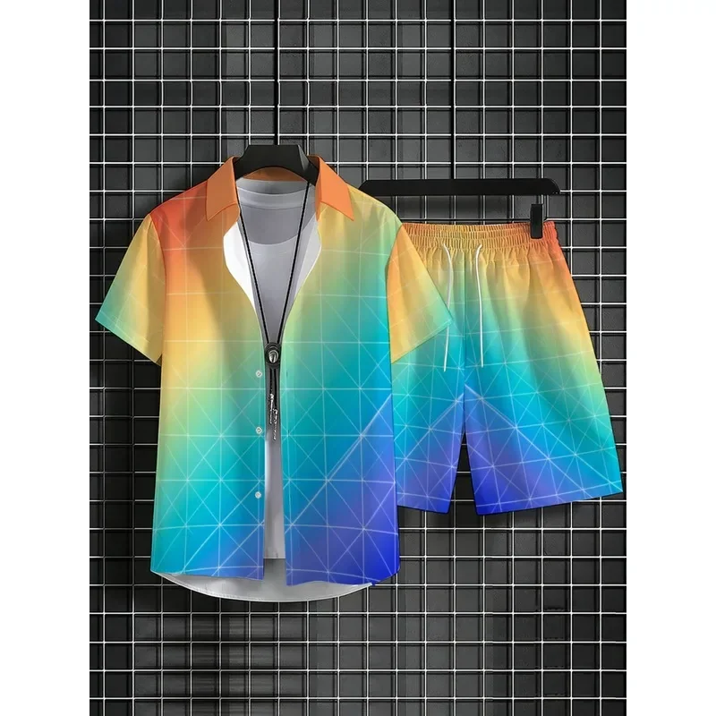 Men Summer Beach Outfit Color Gradient Short Sleeve Shirt and Shorts Set Lightweight Comfortable Casual Vacation Matching Suit