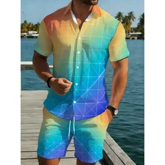 Men Summer Beach Outfit Color Gradient Short Sleeve Shirt and Shorts Set Lightweight Comfortable Casual Vacation Matching Suit