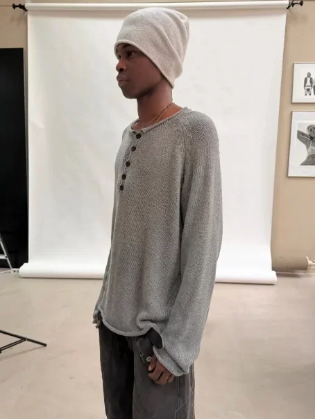 Grey Roll‑Edge Button Crew‑Neck Long‑Sleeve Knit Sweater