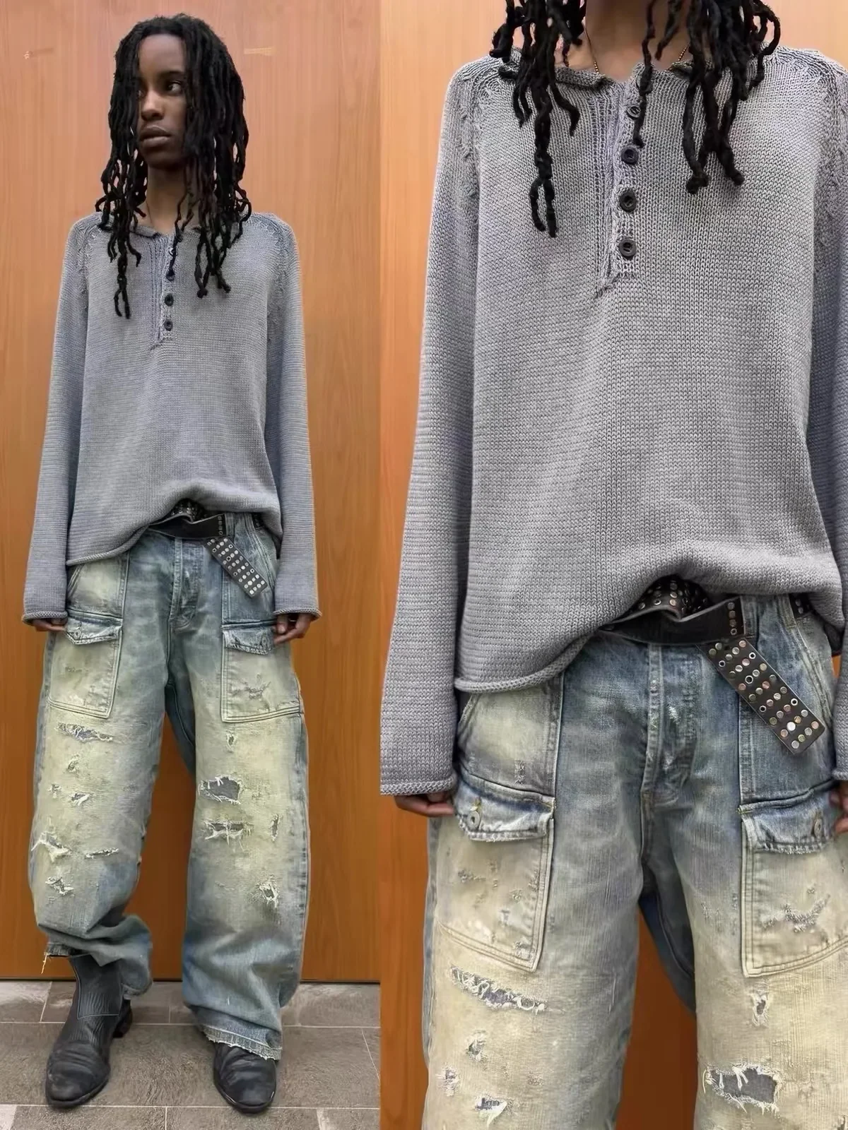Grey Roll‑Edge Button Crew‑Neck Long‑Sleeve Knit Sweater