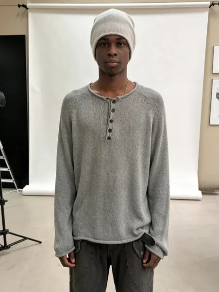Grey Roll‑Edge Button Crew‑Neck Long‑Sleeve Knit Sweater