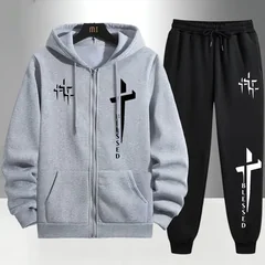 Cross Blessed Print Tracksuit for Men Zipper Hooded Sweatshirt and Black Sweatpants Urban Causal Fashion Hoodies Outerwear Sets